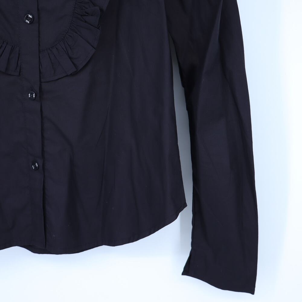 Mille Jolie Top Black Cotton Poplin Blouse Ruffled Bib Button Front Women's XS - Picture 6 of 10